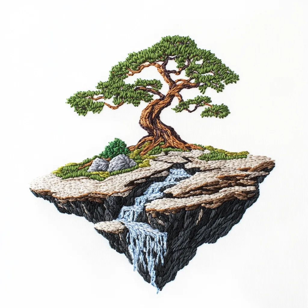 This intricate embroidery depicts a serene floating island. A bonsai-style tree with a thick, gnarled trunk and lush green foliage dominates the center.  A small waterfall cascades down the rocky edges of the island, which is textured with meticulously stitched details of grass, stones, and varying shades of rock. The overall effect is one of peaceful isolation and natural beauty, expertly rendered in thread.