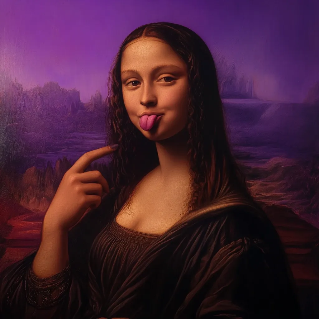 Here's a description of the image:

The image is a modern reimagining of the Mona Lisa. The subject, a woman with dark, wavy hair styled similarly to the Mona Lisa, is depicted from the chest up against a purple and brown landscape.  She's wearing a dark, low-cut gown. Unlike the original, she has her tongue playfully sticking out, and her right index finger is subtly raised, almost as if she is pointing to herself. The overall effect is a playful, cheeky contrast to the original painting's enigmatic composure. The color palette is rich and dark, with the purple background creating a dramatic and somewhat surreal effect.