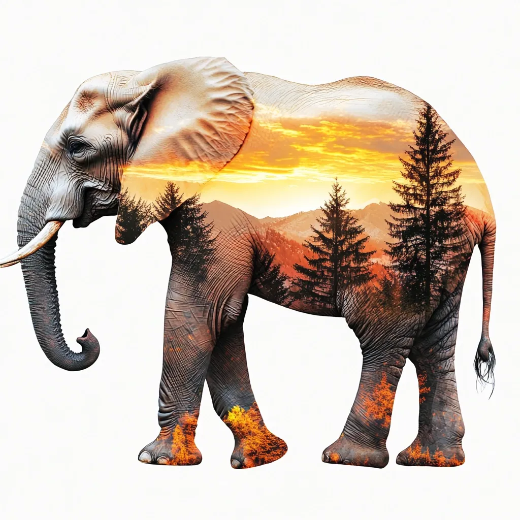 Here's a description of the image:

The image is a double exposure photograph showcasing an African elephant superimposed onto a landscape scene. The elephant is depicted in profile, walking from left to right.  Within the elephant's form, a breathtaking sunset over a mountainous region is visible.  Silhouetted evergreen trees punctuate the foreground of the mountain range, adding depth and contrast to the warm hues of the sky. The effect blends the animal and the natural world seamlessly, creating a striking and artistic composition. The background is pure white, isolating the subject and emphasizing its detail.
