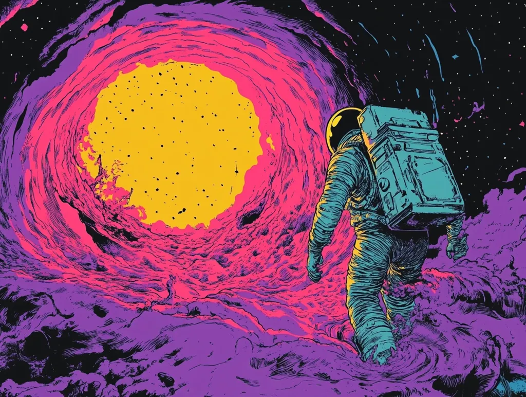 The illustration depicts an astronaut in a teal spacesuit traversing a vibrant, psychedelic nebula.  The nebula is a swirling vortex of pinks, purples, and yellows, with a large, bright yellow orb at its center. The astronaut's figure is detailed, yet blends with the surreal, almost dreamlike quality of the cosmic landscape. The style is reminiscent of graphic novel art, with bold lines and striking color contrasts. The overall mood is one of cosmic exploration and otherworldly wonder.