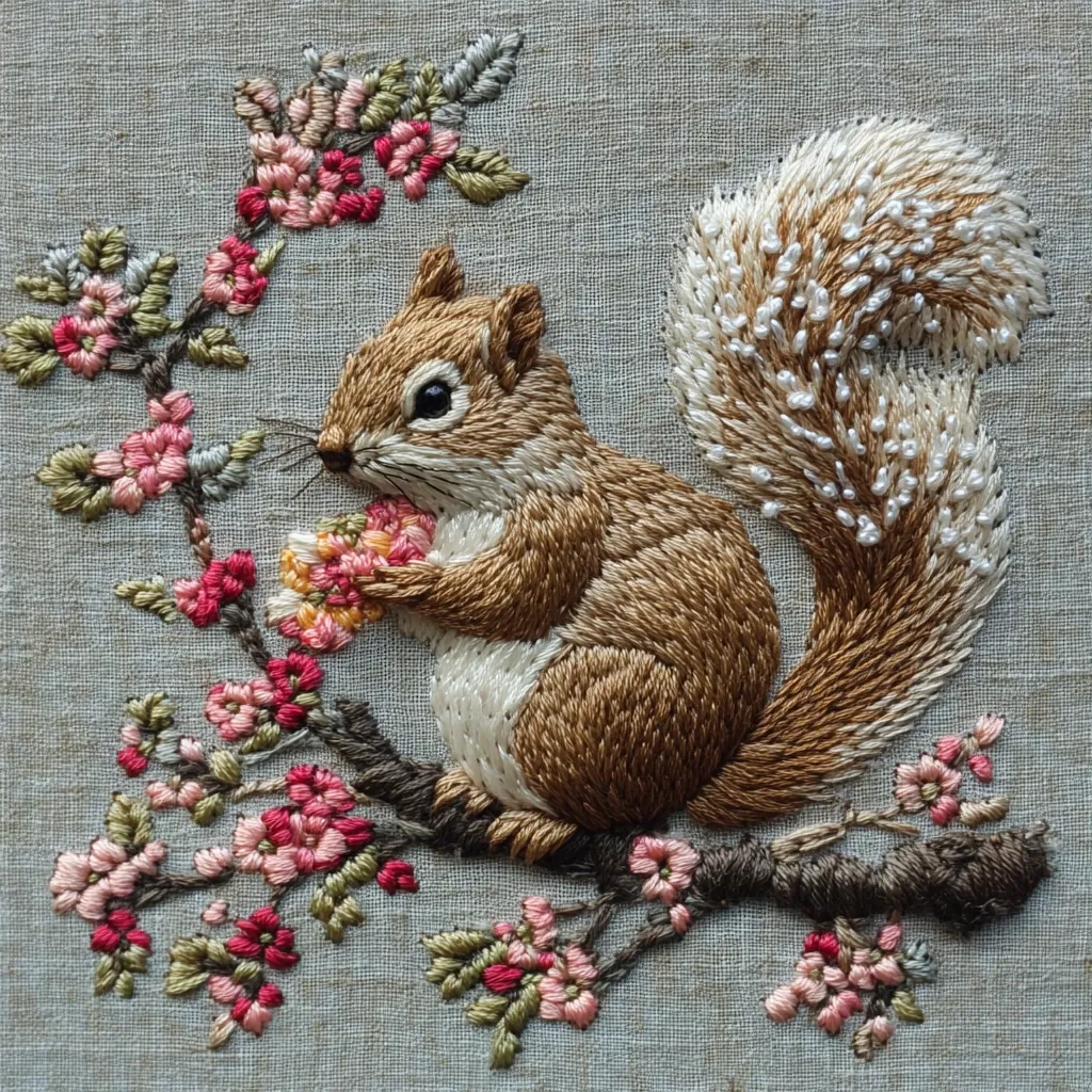 This exquisite piece of needlework depicts a squirrel nestled amidst a blossoming branch.  The squirrel, rendered in shades of brown and cream, is meticulously embroidered, its fur textured with individual stitches.  The fluffy tail is particularly detailed, accented with small pearl-like beads.  Delicate pink and white flowers, expertly stitched, complete the charming springtime scene on a muted gray linen background. The overall effect is one of meticulous detail and artistry.