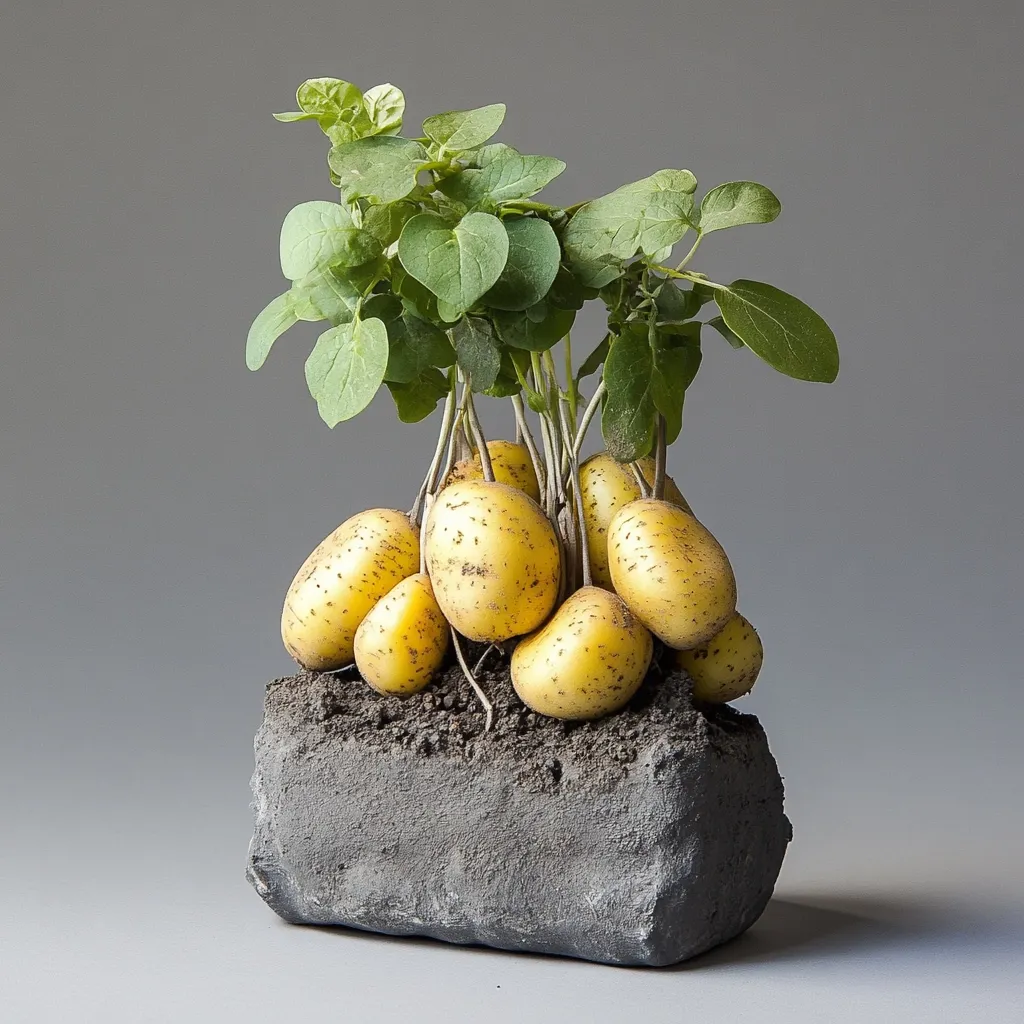 Here's a description of the image:

A cluster of young potato plants, with their pale yellow tubers and vibrant green foliage, are artfully arranged in a rough, dark gray stone-like container. The potatoes are nestled in dark soil, their stems extending upwards to support the healthy, bright green leaves. The overall presentation is minimalist and striking, suggesting a carefully curated still life or a piece of conceptual art. The background is a neutral gray, drawing focus to the unusual potato plant display.