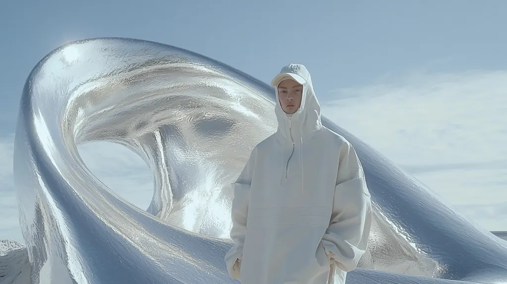 A person wearing a white hooded sweatshirt and cap stands before a large, abstract, metallic sculpture. The sculpture is a swirling, shiny silver form, resembling a wave or a distorted ear. The background is a bright, clear sky. The overall scene is minimalist and futuristic, with a stark contrast between the soft white clothing and the hard, reflective sculpture. The image suggests a sense of solitude and contemplation in a surreal landscape.
