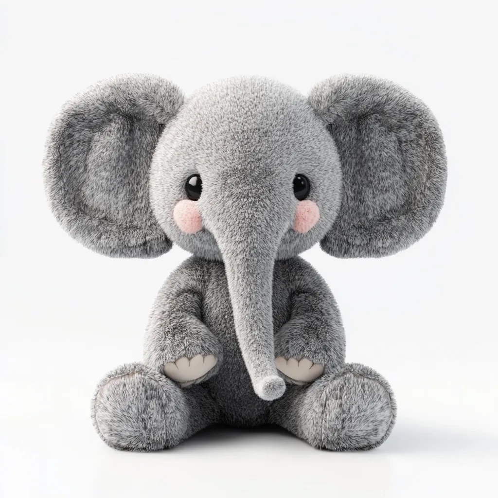 Here's a description of the image:

A charming, grey plush elephant sits against a stark white background.  Its fur is realistically textured, giving it a soft and cuddly appearance. The elephant has large, floppy ears and endearingly small, dark eyes, accentuated by rosy cheeks. Its trunk is long and gently curved, resting between its paws. The overall impression is one of innocence and sweetness, characteristic of a child's toy. The lighting is even and bright, highlighting the plush toy's texture and details.