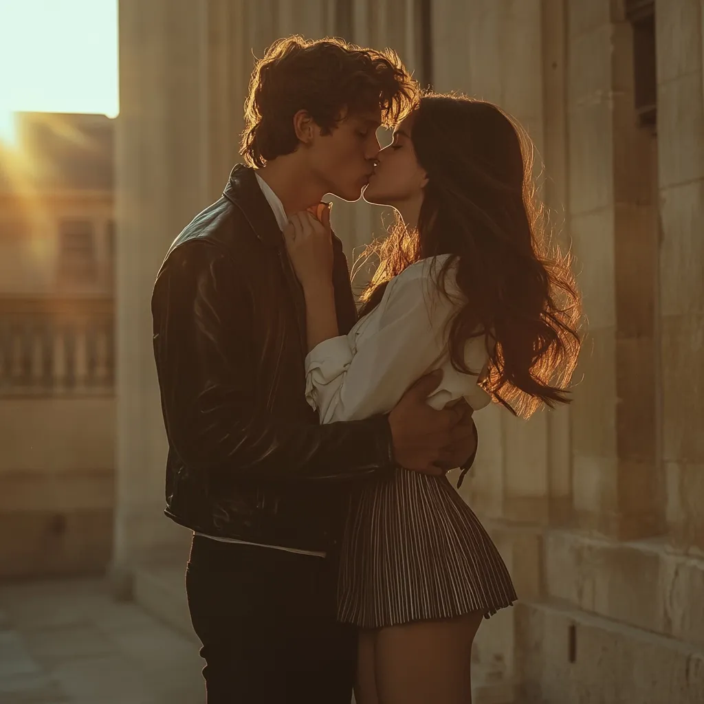 Bathed in the golden light of sunset, a young couple passionately kisses against a backdrop of aged stone architecture. The man, in a black leather jacket, embraces the woman, who wears a white blouse and a pleated mini-skirt. Their embrace is tender and intimate, their closeness emphasizing a moment of shared affection. The warm hues of the setting sun illuminate the scene, creating a romantic and nostalgic atmosphere.  The architectural details suggest a historical or grand setting.