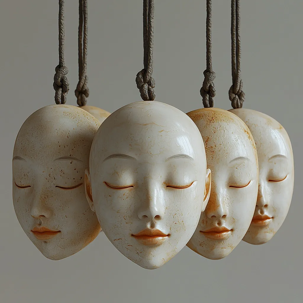 Four serene, off-white masks hang from knotted cords against a muted background.  Each mask depicts a woman's face with eyes closed, suggesting peace or contemplation.  The masks are slightly weathered, displaying a subtle, textured surface with hints of orange-brown discoloration, adding to their antique aesthetic.  They are arranged in a slightly staggered row, creating a visually calming and intriguing display.