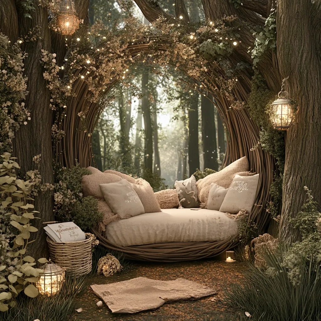 A whimsical, crescent-shaped daybed crafted from woven branches rests within a secluded forest grove.  Fairy lights twinkle amidst lush greenery draped over the structure.  Soft, beige cushions and throws adorn the seating, inviting relaxation.  Lanterns cast a warm glow, illuminating a book resting in a nearby basket. The scene evokes a sense of enchantment and tranquility, a peaceful retreat in nature's embrace.