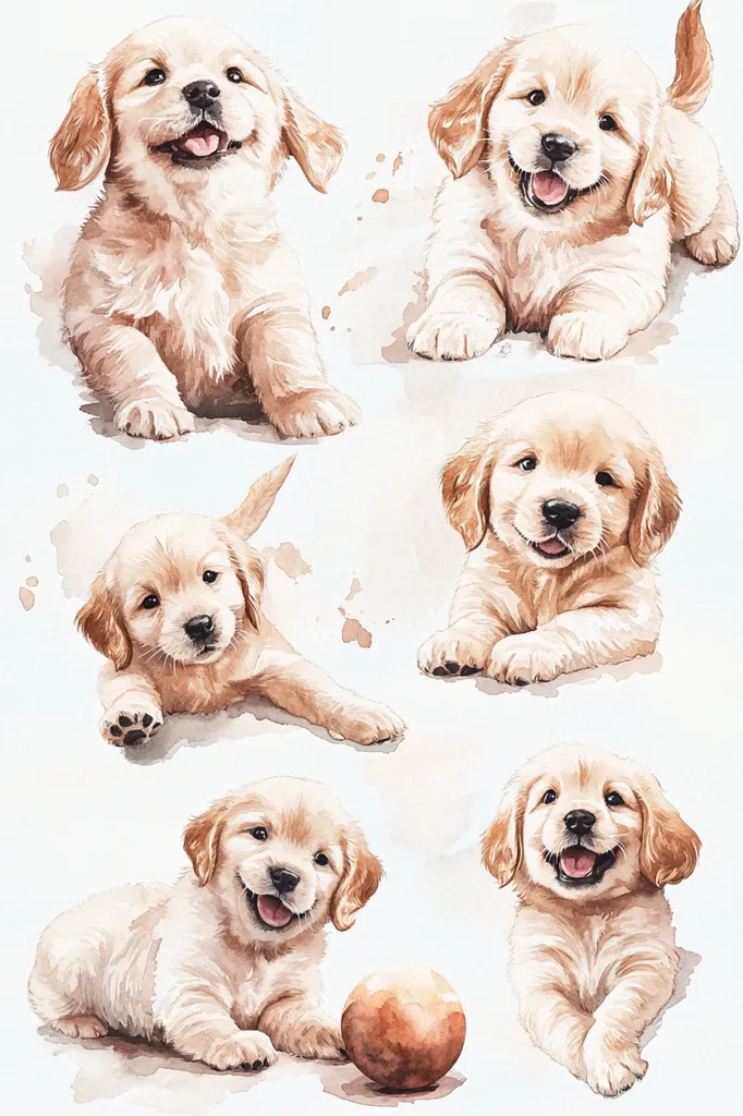 Here's a description of the image:

The image showcases six adorable golden retriever puppies in various playful poses against a soft, off-white background.  Watercolor-style painting gives a light, airy feel.  The puppies are depicted in different positions – sitting, lying down, and playfully interacting. One puppy has a brown ball nearby.  The overall style is charming and emphasizes the puppies' fluffy fur and endearing expressions. The background includes subtle watercolor splatters, adding to the artistic effect.