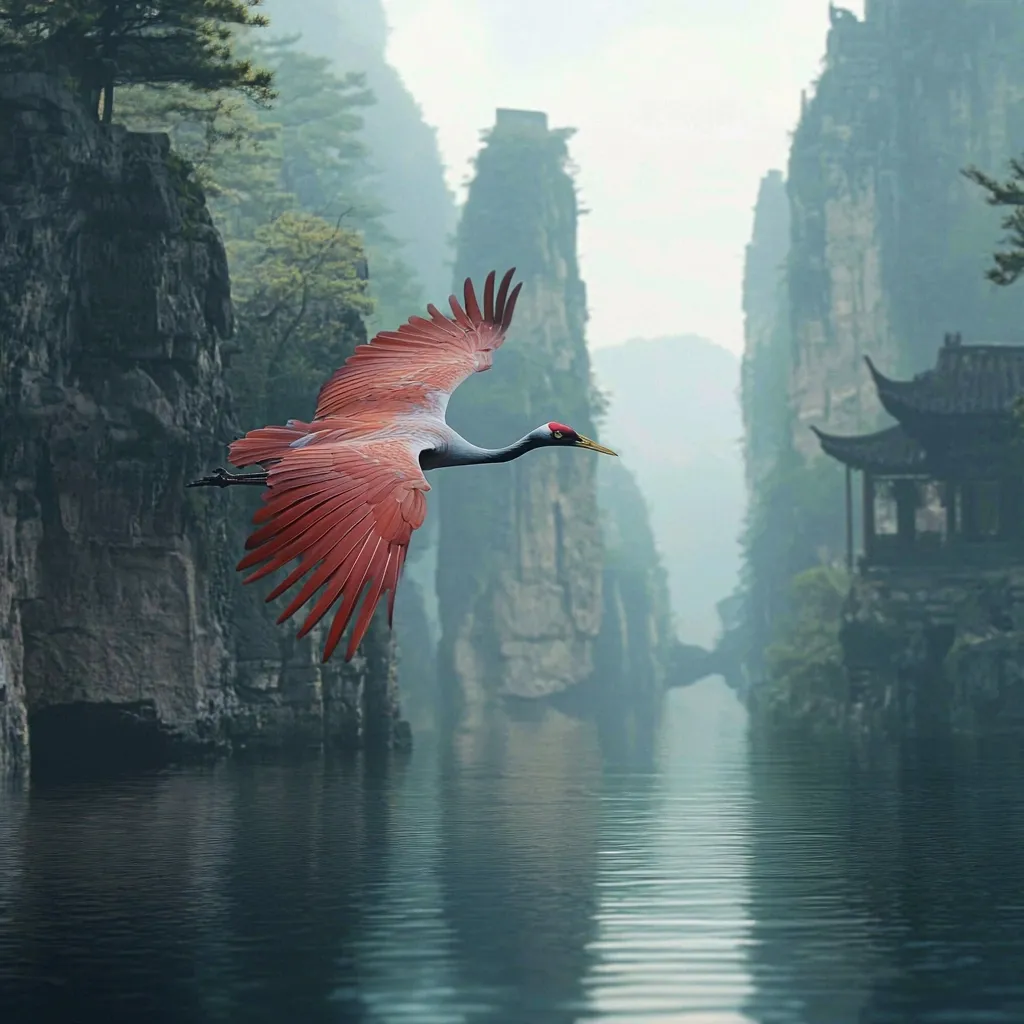 A red-crowned crane glides gracefully over a serene, misty landscape.  Its wings are outstretched, showcasing vibrant reddish-brown feathers against the backdrop of towering, mist-shrouded cliffs and a tranquil body of water. A traditional-style Chinese pavilion sits nestled among the rocks, adding a touch of cultural significance to the breathtaking scene. The overall atmosphere is one of peace and ethereal beauty.