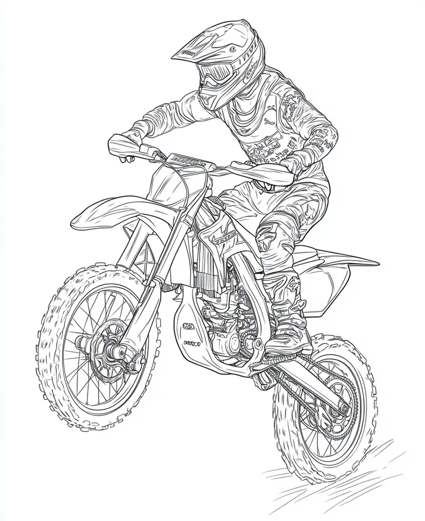 A detailed line drawing depicts a motocross rider in mid-air. The rider, clad in full protective gear including a helmet and jersey, grips the handlebars of a dirt bike. The bike is highly detailed, showcasing the intricate design of the engine and suspension. The wheels are clearly defined, indicating the texture of the tires. The scene is dynamic, capturing the speed and excitement of the sport. The background is simply rendered, focusing attention on the rider and their machine. The overall style is clean and precise, resembling a technical illustration or coloring page.