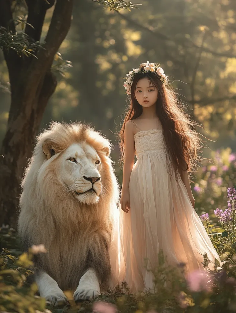 A young girl, adorned in a flowing beige dress and a floral crown, stands beside a majestic white lion in a sun-dappled forest. The scene evokes a fairytale atmosphere, with soft lighting and a dreamy quality.  The girl's long dark hair flows around her, contrasting with the lion's fluffy mane.  Purple flowers bloom at their feet, adding to the enchanting ambiance. The image portrays a serene and unusual companionship between the girl and the large, peaceful-looking lion.
