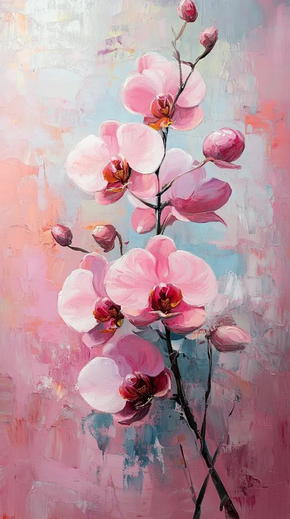 This is an oil painting depicting a cluster of pink orchids. The artist uses a palette knife to create a textured, impasto effect, giving the petals depth and vibrancy. The background is a soft blend of pink and blue hues, complementing the orchids' delicate colors. The style is expressive and loose, focusing on capturing the essence of the flowers rather than precise detail. Buds and stems add to the overall composition, which feels both elegant and slightly abstract. The painting evokes a sense of calm and beauty.
