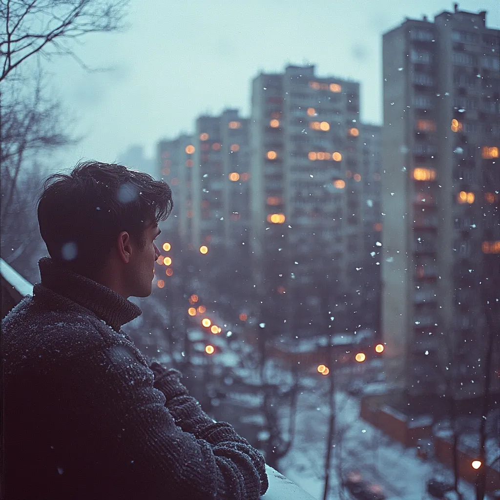 Here's a description of the image:

A young man with dark hair, wearing a dark turtleneck sweater, stands on a balcony, gazing out at a snow-covered cityscape.  Snowflakes gently fall around him. The background is softly blurred, showcasing rows of high-rise apartment buildings with warm, glowing windows, creating a cozy contrast to the cold winter scene. The overall mood is pensive and melancholic, emphasizing the solitude of the figure against the backdrop of the urban landscape. The image is softly lit, with a muted color palette, giving it a wistful, almost cinematic feel.