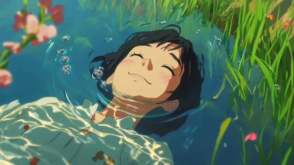 Here's a description of the image:

The image is a serene depiction of an anime-style young woman with dark hair, floating peacefully on her back in a calm body of water.  Her eyes are closed, and a gentle smile graces her lips, suggesting tranquility and contentment. Sunlight filters through the water, creating shimmering patterns on her light-colored shirt and the surface of the water.  Lush green aquatic plants surround her, and delicate pink flowers are visible in the background, enhancing the peaceful and dreamlike atmosphere. The overall style is reminiscent of a still from an anime film.