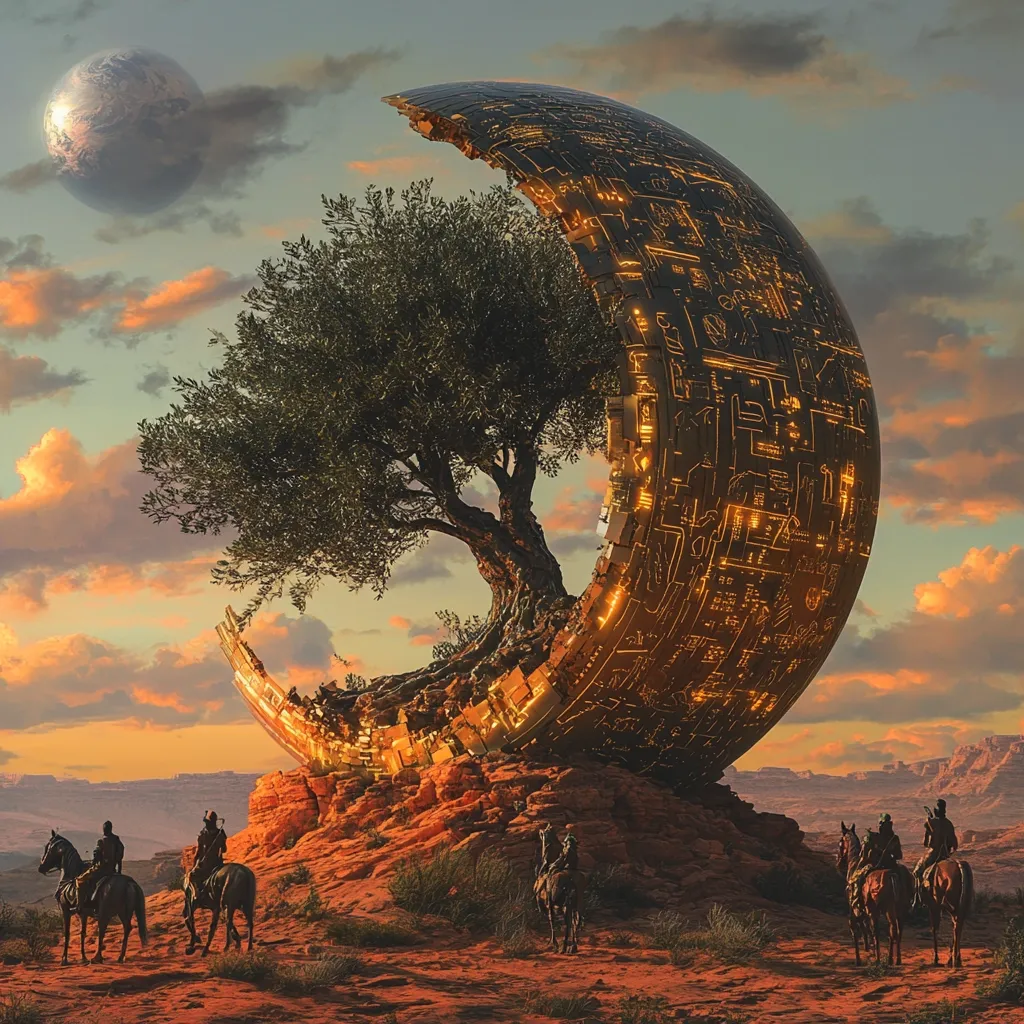 Here's a description of the image:

The artwork depicts a fantastical scene at sunset. A large, metallic, spherical structure, reminiscent of advanced technology, is partially broken, cradling a lush, green olive tree at its center.  The sphere is intricately detailed with glowing circuitry patterns.  Three riders on horseback are situated in the foreground, observing the scene.  A distant, pale planet hangs in the sky. The setting appears to be a desert landscape with red-hued rocks and sand. The overall mood is surreal and evokes a sense of mystery and wonder, blending nature and advanced technology in an improbable yet captivating way.