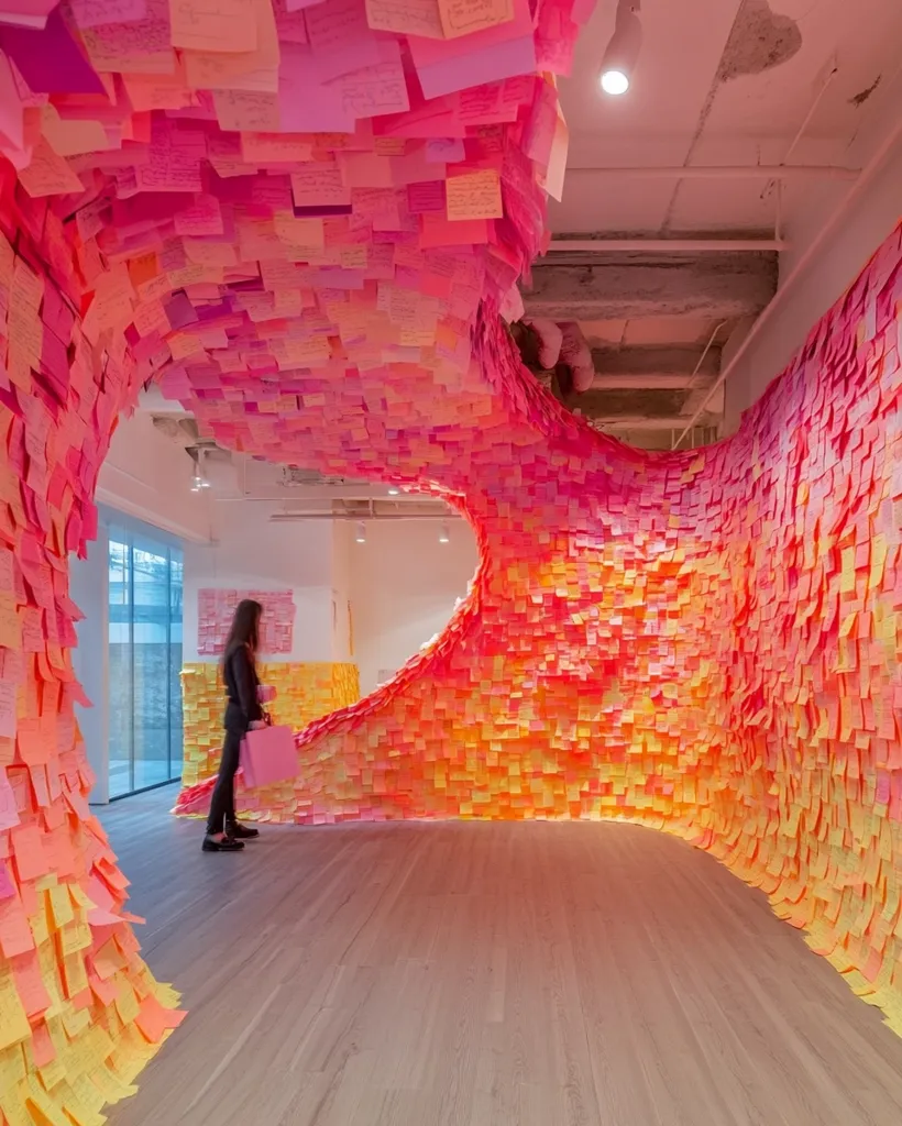 A modern art installation fills a gallery space with a wave-like structure composed entirely of sticky notes in varying shades of pink and orange.  The notes are densely packed, creating a textured, undulating form that arches overhead and curves down to the floor. A single person stands observing the artwork, providing scale to the impressive volume of notes. The floor is light wood, contrasting with the vibrant color of the installation. The overall effect is playful yet substantial, a vibrant and visually engaging spectacle.
