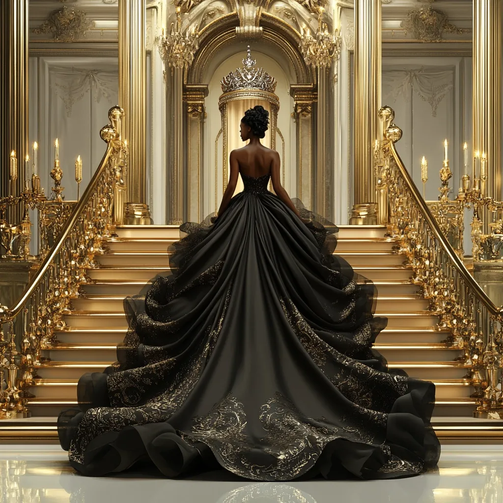 A Black woman in a lavish, black ball gown with gold embroidery ascends a grand, gold staircase. The gown's voluminous skirt pools dramatically on the steps.  The setting is a palatial interior, replete with ornate gold detailing, candelabras, and a crown perched atop an alcove. The scene is opulent and regal, suggesting a moment of royal procession or a fairytale setting. The overall mood is one of elegance and mystery.