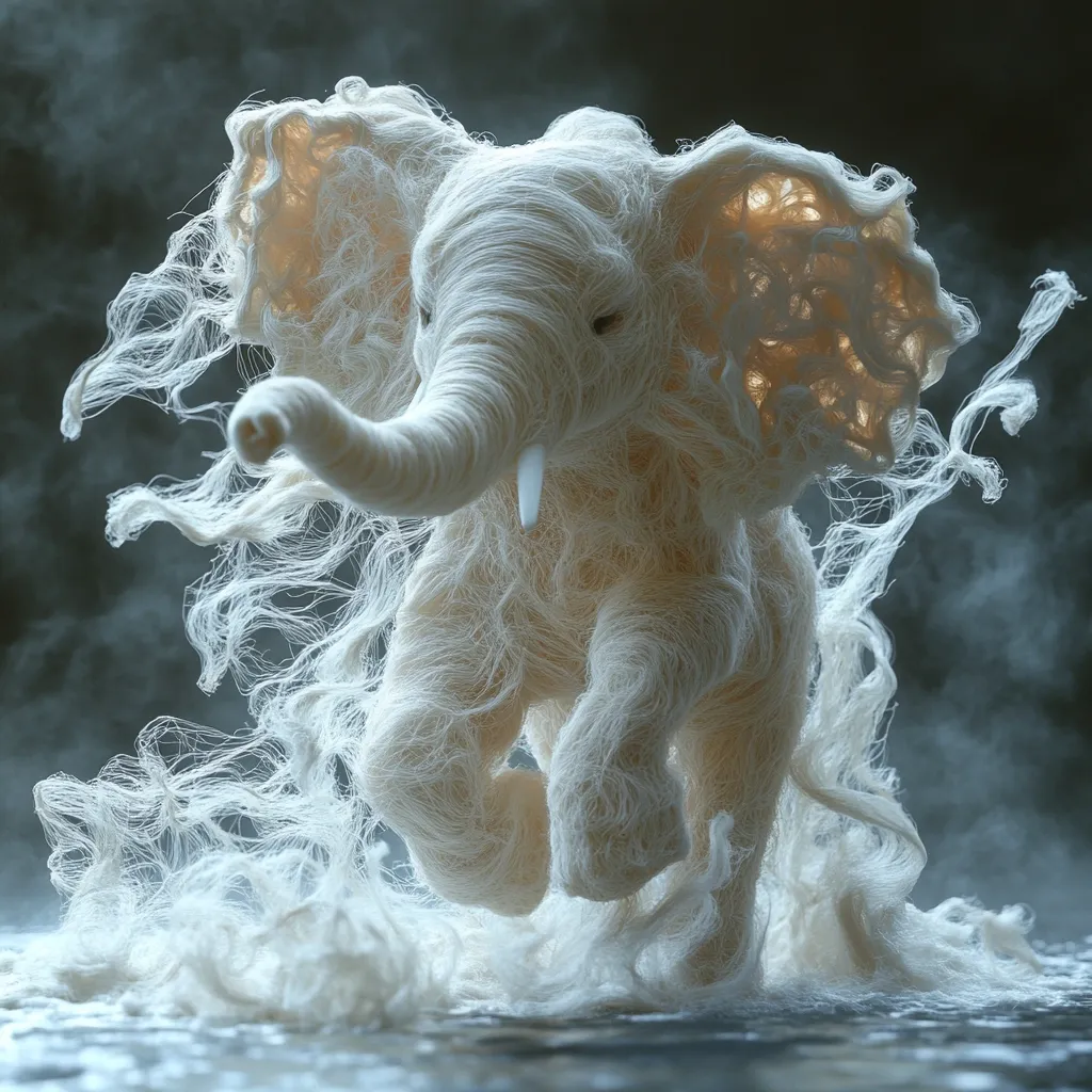 A digitally rendered image depicts a baby elephant seemingly made of white yarn or thread.  Its body and long ears are enveloped in flowing, wispy strands that trail behind it, creating a surreal, ethereal effect. The elephant appears to be in motion, its legs slightly raised as if running or leaping. It stands against a dark, moody background, with a subtle suggestion of mist or smoke. The overall impression is one of dreamlike beauty and fantastical creation.