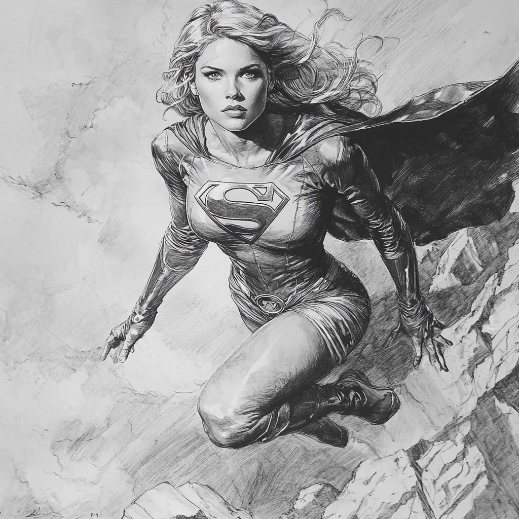 Here's a description of the image:

The grayscale drawing depicts Supergirl in dynamic motion.  She's airborne, her cape billowing behind her, and she's poised mid-flight above a rocky landscape. Her expression is serious and determined. Supergirl's costume is detailed, showing texture and form, the iconic "S" prominently displayed on her chest. The artist's skill is evident in the shading and use of line to create a sense of depth and movement. The overall style is realistic, yet maintains a comic book aesthetic.