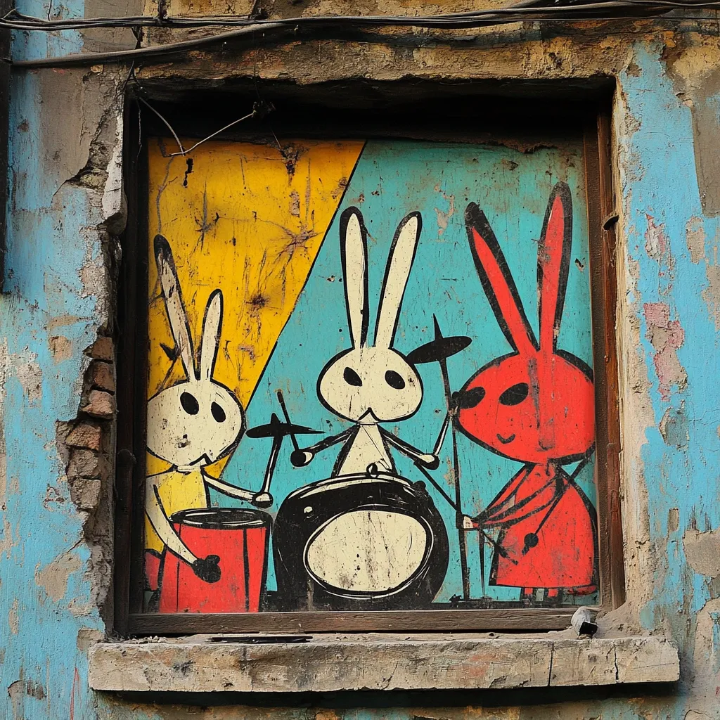 Here's a description of the image:

A vibrant street art piece adorns a weathered window frame. The artwork depicts three stylized rabbits engaged in a musical performance.  One rabbit, predominantly white, sits behind a drum kit, while another, red, holds a cymbal. A third, also white, plays a smaller drum. The rabbits have simple, cartoonish features. The background is a bold split of yellow and teal, adding to the artwork's lively aesthetic. The window itself is aged and shows signs of decay, creating a striking contrast with the fresh, playful artwork. The overall style is bold and expressive, suggesting a blend of folk art and graffiti influences.