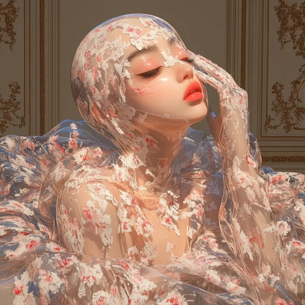 Here's a description of the image:

The image is a digital artwork depicting a woman seemingly enveloped in a translucent, floral-patterned fabric. The fabric appears to be a type of lace or sheer material, clinging to her form in a flowing, almost liquid-like manner. Her skin is rendered with a smooth, almost porcelain-like texture, accentuated by soft lighting and blush tones. Her eyes are closed, giving an impression of serenity or dreamy contemplation.  The background features an ornate, classical-style wall, creating a contrast between the modern digital style of the subject and the traditional setting. The overall aesthetic is one of delicate beauty and ethereal elegance.