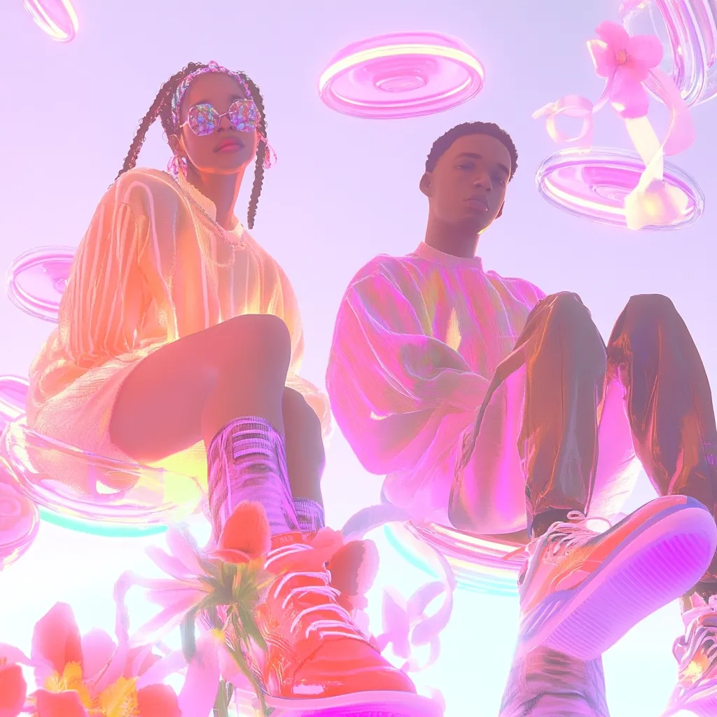 Here's a description of the image:

The image is a stylized, digitally-created artwork featuring a young woman and man, both with a pastel pink and iridescent appearance. They are positioned in a dreamy, surreal setting, seemingly floating amongst translucent, circular objects and vibrant flowers. The woman wears a loose, sheer top, patterned socks, and red high-top sneakers, while the man sports a similar iridescent top and dark pants with futuristic-looking sneakers.  Their poses suggest a relaxed, almost meditative state. The overall aesthetic is whimsical and otherworldly, with a strong emphasis on vibrant color and smooth textures.