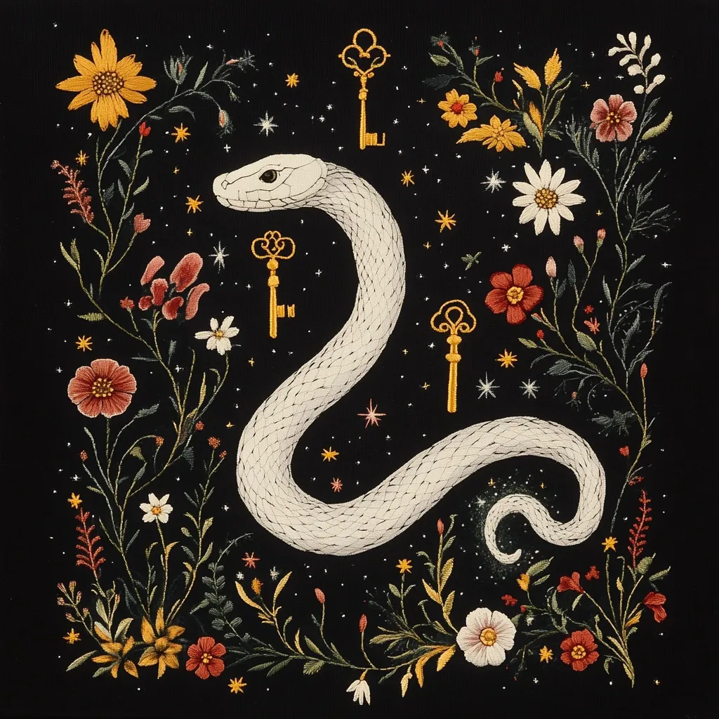 Here is a description of the image:

The artwork depicts a meticulously embroidered white snake coiled gracefully against a black backdrop.  Surrounding the snake is a vibrant arrangement of embroidered flowers and foliage in various colors, including reds, yellows, and whites, creating a lush, almost mystical border.  Three golden keys of varying designs are scattered amongst the flowers and stars, adding to the enchanting and symbolic nature of the piece. The overall style is intricate and detailed, suggesting a high level of skill and patience in its creation. The piece evokes a feeling of magic and fantasy.