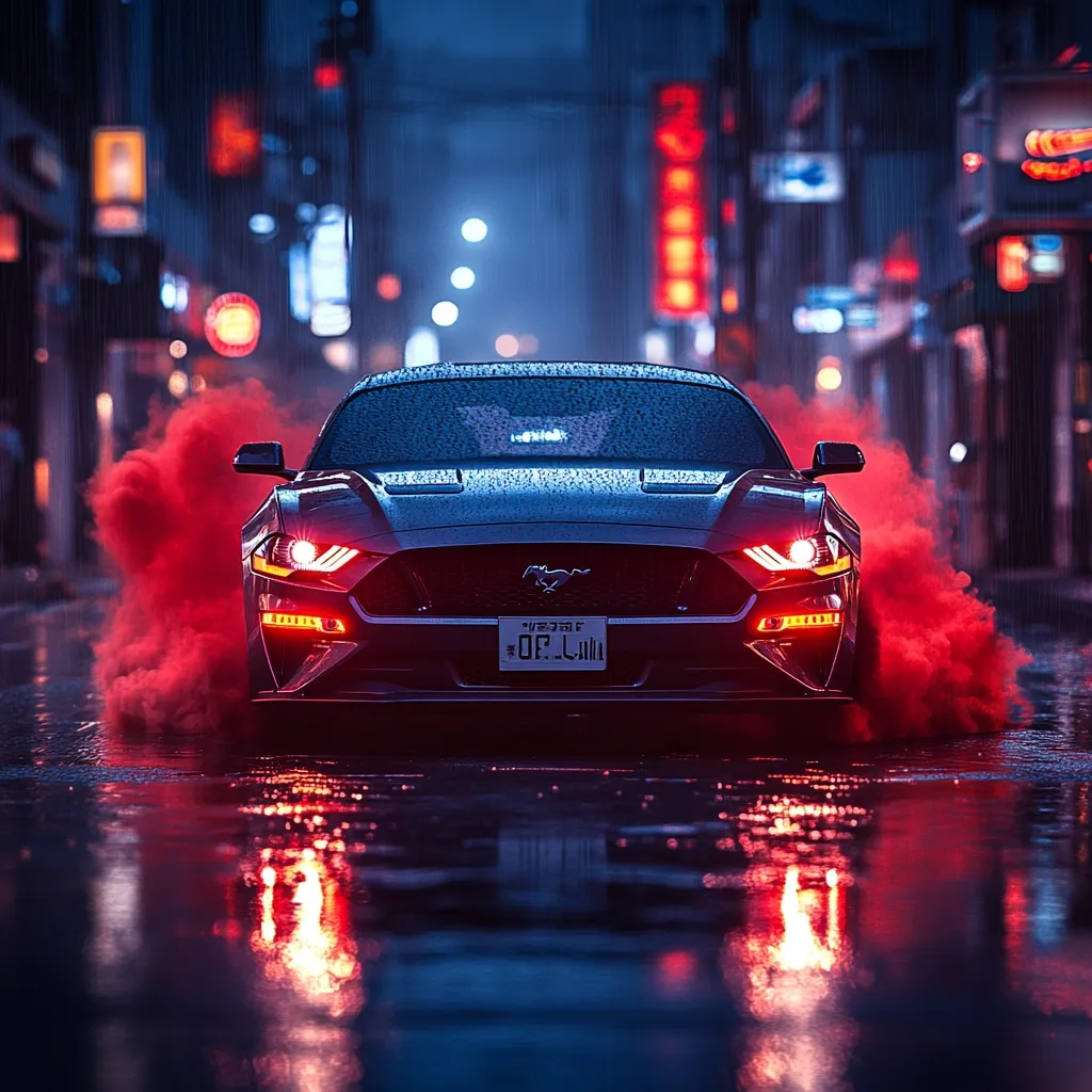 A dark gray Ford Mustang, glistening with rain, dominates the center of the image.  Red smoke billows from its rear tires, adding a dramatic effect. The car is positioned on a rain-slicked city street at night, with neon lights and blurred building facades creating a vibrant, urban backdrop.  The overall atmosphere is moody and cinematic, enhanced by the reflection of the car's lights in the wet pavement.  The license plate, though partially obscured, adds a touch of mystery.