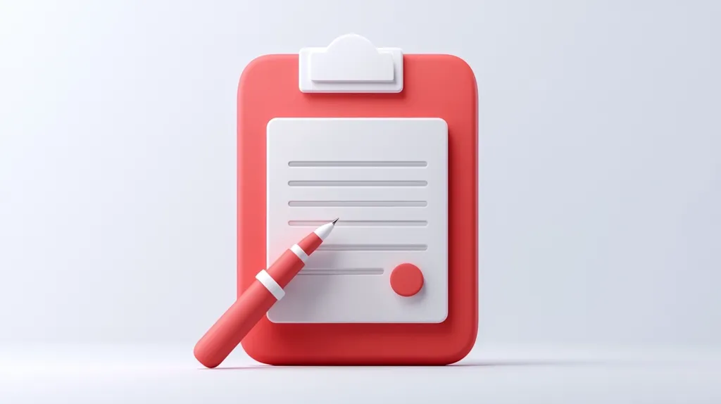 A coral-colored clipboard with a blank white form rests on a minimalist white background. A matching coral pen is positioned near the form, suggesting it's ready for use. The 3D rendered image presents a clean, modern aesthetic, emphasizing the simplicity of the document and the act of writing or filling it out.  The overall impression is one of organization and preparation.