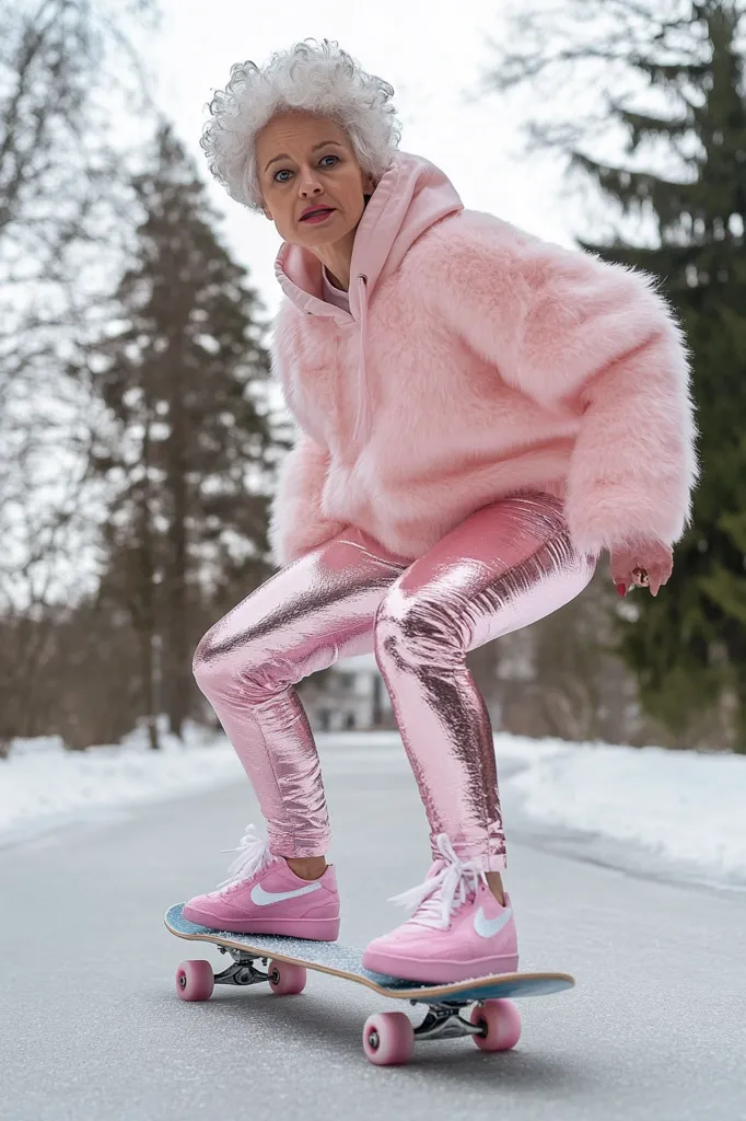 Here is a description of the image:

An older woman with short, curly gray hair confidently rides a skateboard. She's dressed in a vibrant, all-pink ensemble: a fluffy pink fur jacket, metallic pink leggings, and pink Nike sneakers. The setting is a snowy, wintery park path, with bare trees in the background, creating a striking contrast to her bold outfit. Her expression is one of playful determination as she navigates the icy surface. The overall image is one of unexpected energy and stylish defiance of age-related expectations.