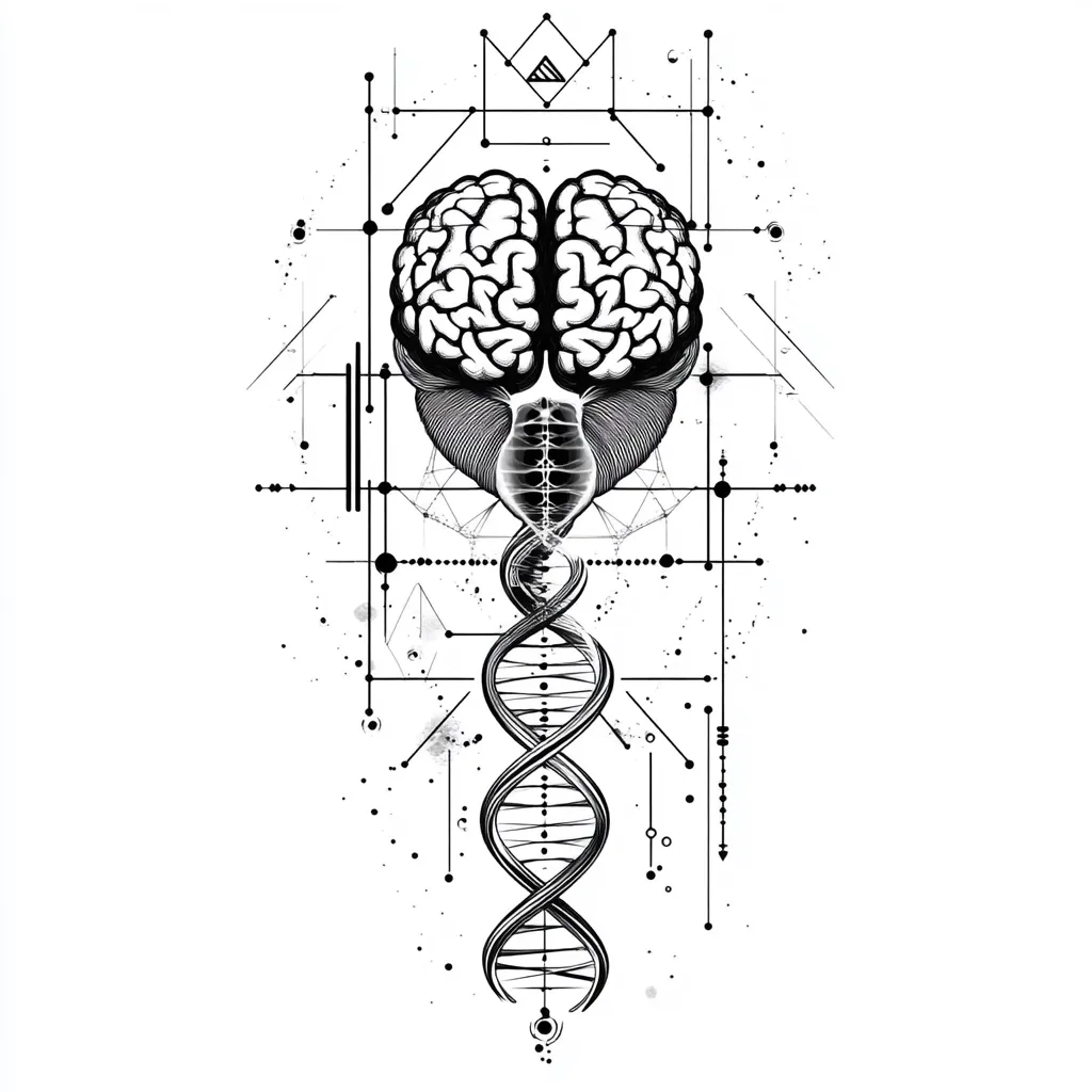 Here's a description of the image:

The image is a stylized black and white illustration.  A detailed drawing of a human brain sits at the top, its underside seamlessly transitioning into a DNA double helix that extends downward. The brain and DNA are encased within a geometric framework of lines, dots, and shapes, suggesting a connection between the mind, genetics, and the universe. The overall style is intricate and symbolic, potentially representing themes of consciousness, genetics, or the interconnectedness of life.  The composition is vertically oriented, with a sense of balance and symmetry.