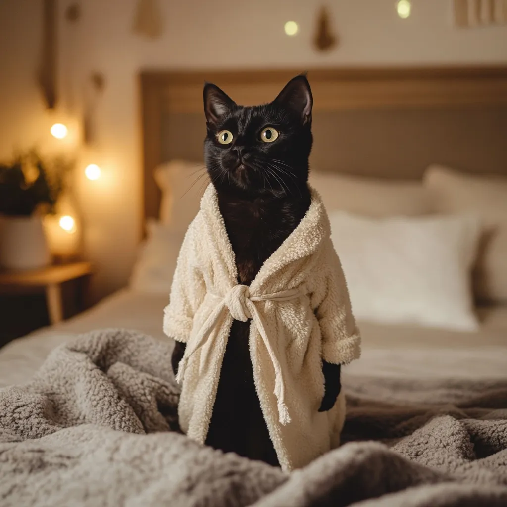 A black cat sits on a bed, elegantly dressed in a cream-colored bathrobe.  The soft, fluffy robe contrasts with the cat's sleek black fur.  The setting is warm and cozy, with soft lighting and a blurred background of a bedroom.  The overall mood is one of quiet comfort and gentle humor, highlighting the unexpected sight of a cat in a robe.  The cat appears calm and perhaps a bit regal in its attire.