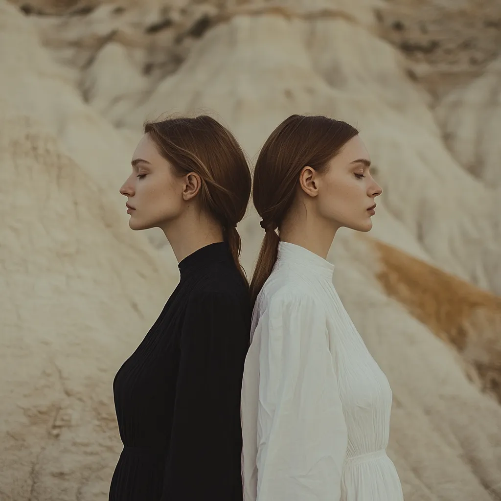 Two women stand back-to-back against a textured, beige landscape.  One wears a black, long-sleeved dress, the other a flowing white dress. Their hair is styled similarly in low ponytails.  They are positioned in profile, eyes closed, suggesting serenity or contemplation. The muted tones of the clothing and background create a minimalist and peaceful aesthetic. The image evokes a sense of duality or contrast.