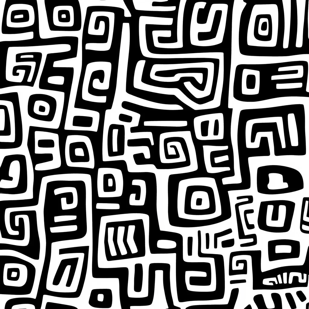 The image showcases a bold, abstract pattern in black and white.  It features a dense arrangement of interconnected shapes, primarily squares and spirals, creating a complex, labyrinthine design. The thick, hand-drawn style gives it a textured, almost tribal feel, reminiscent of aboriginal art or textile patterns.  The stark contrast between black and white enhances the pattern's graphic impact and visual energy. The design is seamless, suggesting it could repeat infinitely.