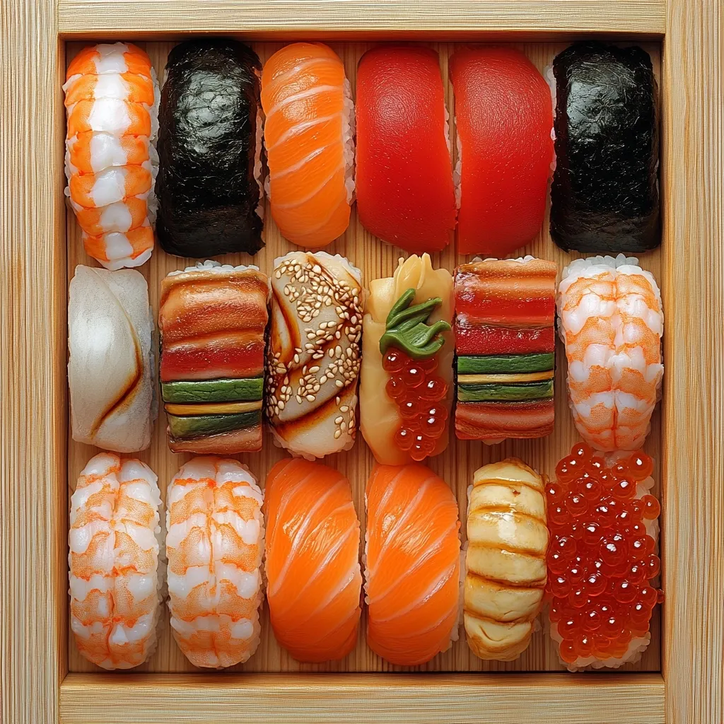 Here's a description of the image:

A wooden box contains an assortment of meticulously arranged sushi pieces.  The arrangement is neat and symmetrical, showcasing a variety of fish, seafood, and rice.  Salmon, shrimp, tuna, and other ingredients are clearly visible. Some pieces are topped with sesame seeds or roe, adding visual texture. The overall presentation suggests a high-quality sushi set, perfect for a special occasion or a delightful meal. The warm tones of the wood contrast nicely with the vibrant colors of the sushi.