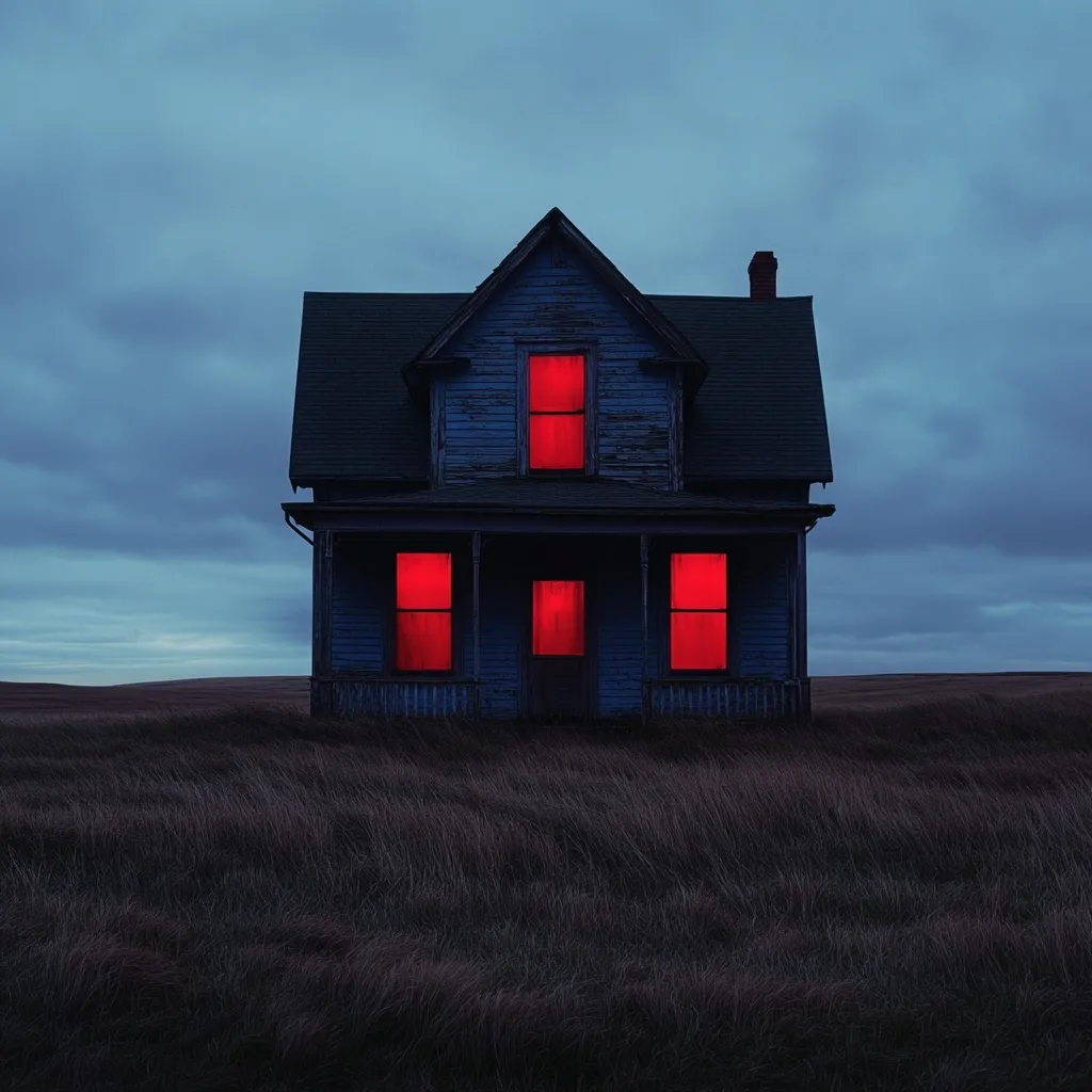Here's a description of the image:

A weathered, dark blue farmhouse stands alone in a field of tall grass under a twilight sky. Five windows glow with an intense red light, creating a stark contrast against the dark exterior. The house appears aged and possibly abandoned, with visible signs of wear on its siding. The setting sun or rising moon casts a moody, atmospheric light.  The overall impression is one of mystery and isolation.