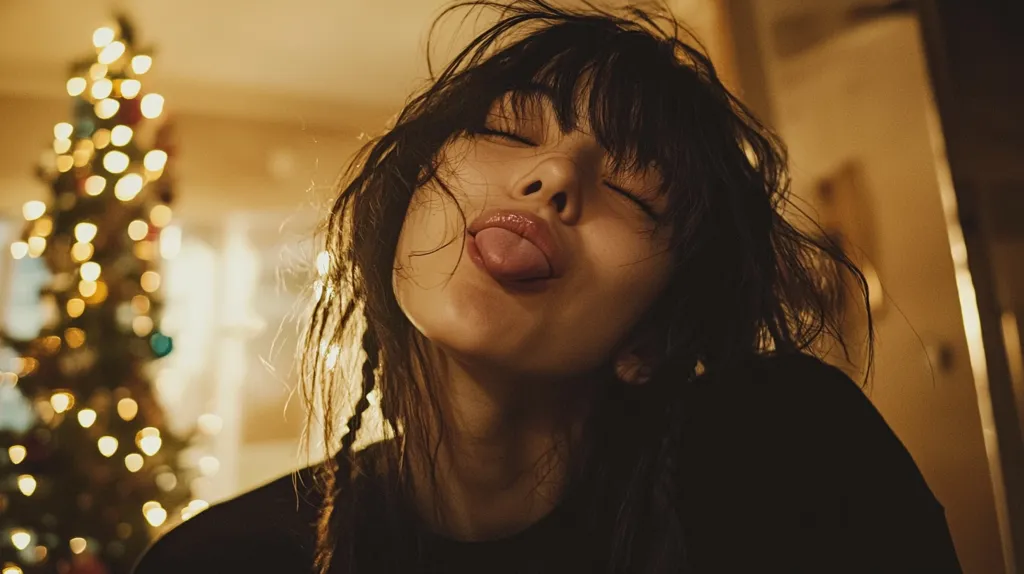 Here's a description of the image:

Close-up view of a young woman with long, dark, slightly messy hair styled with bangs. Her eyes are closed, and her tongue is playfully sticking out. The lighting is warm and slightly dim, with a blurred, out-of-focus Christmas tree with twinkling lights in the background. The overall mood is playful and slightly mischievous, with a touch of intimacy due to the close-up shot and soft lighting. The woman is wearing a dark-colored top.