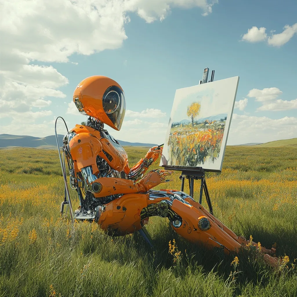 An orange robot sits in a grassy field, painting a landscape on an easel. The robot's design is sleek and futuristic, with visible mechanical components.  Its helmet is rounded, giving it a somewhat friendly appearance. The painting depicts a field of flowers and a lone tree under a bright sky, mirroring the robot's surroundings.  The overall scene evokes a sense of tranquility and artistic creation, contrasting the technological with the natural world.