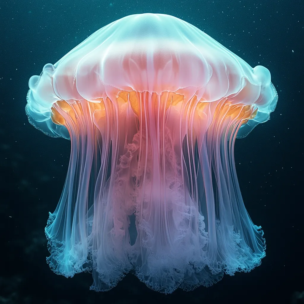 A jellyfish, possibly a lion's mane jellyfish, is shown in a close-up underwater shot.  Its bell is a translucent pale pink and peach, transitioning to a deeper orange at the center. Numerous delicate, flowing tentacles hang down, creating a bell-shaped silhouette. The background is a dark teal, speckled with tiny points of light, providing a stark contrast to the jellyfish's ethereal glow. The image emphasizes the creature's intricate structure and delicate beauty.