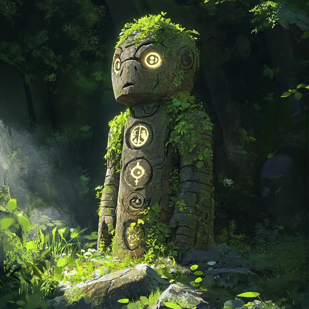 A stone statue, humanoid in form, stands serenely in a lush, verdant forest.  Covered in moss and vines, the statue's face is childlike with glowing circular eyes.  Carved symbols illuminate along its torso, hinting at ancient power or significance. The scene is bathed in soft, dappled light, creating a mystical and enchanting atmosphere. The overall impression is one of quiet mystery and ancient wisdom nestled within the heart of nature.