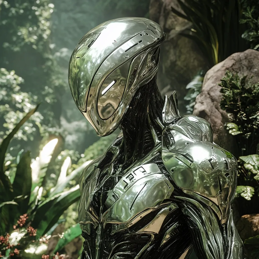 A chrome-plated humanoid robot, possibly an android, stands in a lush, green jungle environment.  Its helmet is sleek and reflective, partially obscuring the face. The robot's body is detailed with intricate designs and seems to be made of a metallic material with dark accents. The background is softly blurred, showcasing a dense, tropical setting with rocks and vegetation.  The overall mood is one of quiet observation or contemplation.