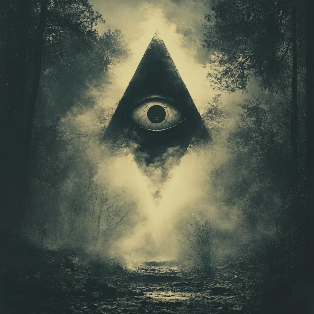 A dark, eerie image depicts a large, ominous eye within a triangular shape, reminiscent of the "Eye of Providence."  This unsettling symbol floats amidst a misty, shadowy forest, a path leading directly towards it. The overall mood is one of mystery, dread, and potential occult symbolism.  The monochromatic color palette enhances the sense of foreboding and the image's unsettling nature.  The trees are bare and the path is rocky, further contributing to the desolate and ominous atmosphere.