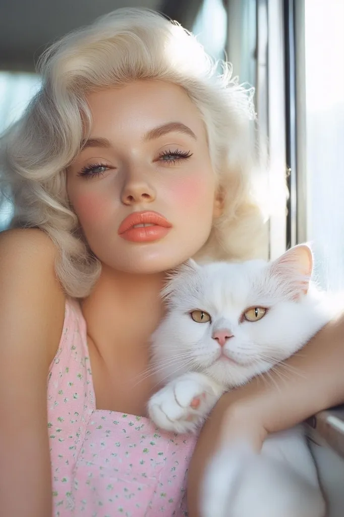 A young woman with platinum blonde, voluminous hair styled in a retro fashion, holds a fluffy white cat.  She's wearing a light pink, floral-print sundress.  Her makeup is soft and emphasizes her fair complexion with peachy blush and coral lipstick.  The sunlit setting creates a warm and dreamy ambiance, evoking a vintage, glamorous feel.  The overall image is one of serene beauty and gentle companionship.