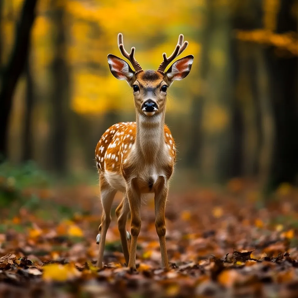Here is a description of the image:

A young sika deer stands in the center of the frame, gazing directly at the camera. Its coat is a rich reddish-brown, speckled with white spots.  Small, velvet antlers sprout from its head. The deer stands on a bed of fallen autumn leaves, ranging in color from gold to deep brown. The background is a blurred but visible autumnal forest, with muted yellows and oranges dominating the bokeh.  The overall impression is one of serene beauty, highlighting the deer's grace within its natural woodland habitat.
