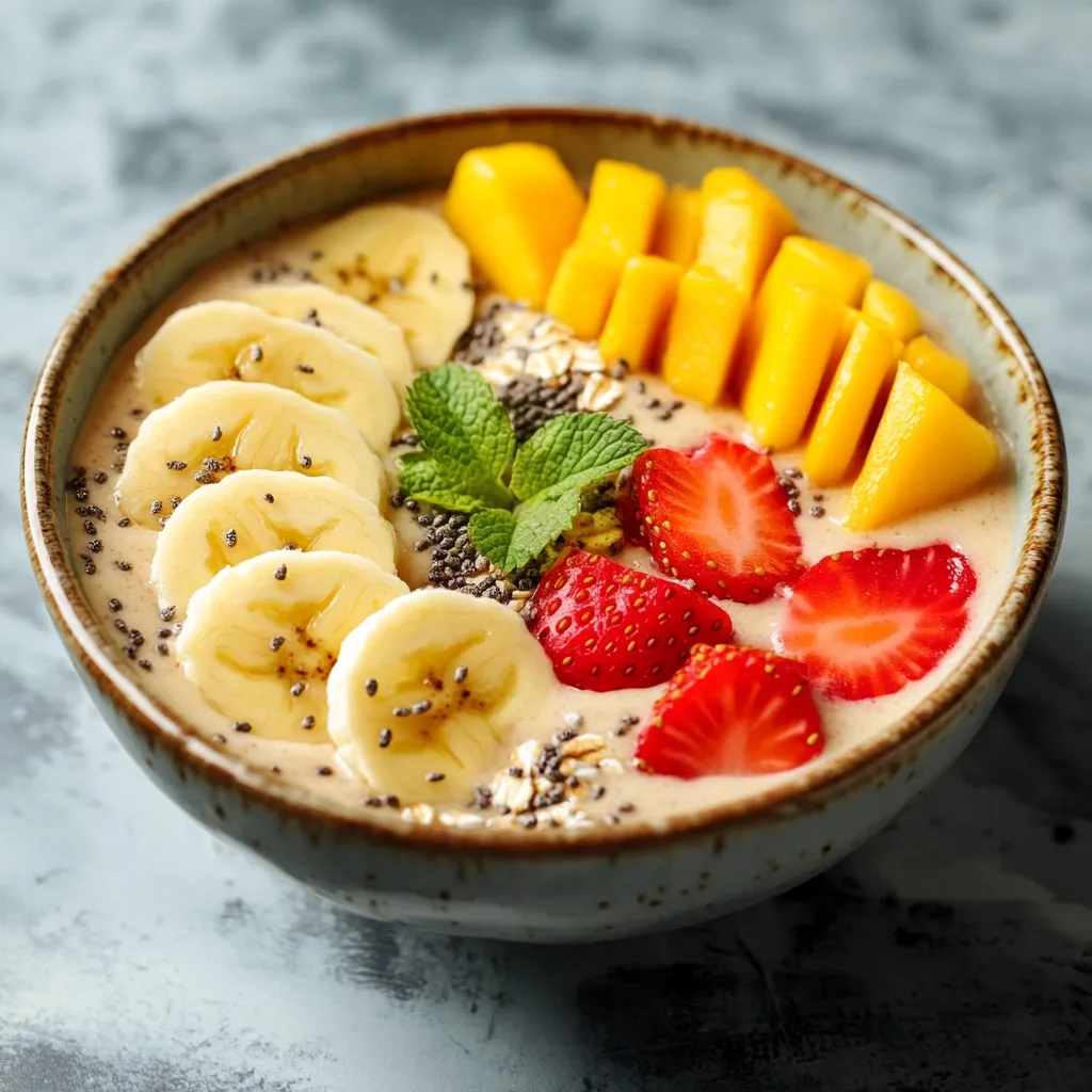 A light beige smoothie bowl is adorned with vibrant slices of banana, mango, and strawberry.  Chia seeds and oats are sprinkled over the creamy base. A sprig of fresh mint rests in the center, adding a pop of green. The bowl is light teal, enhancing the bright colors of the fruit. The entire composition is visually appealing and suggests a healthy, refreshing breakfast or snack.