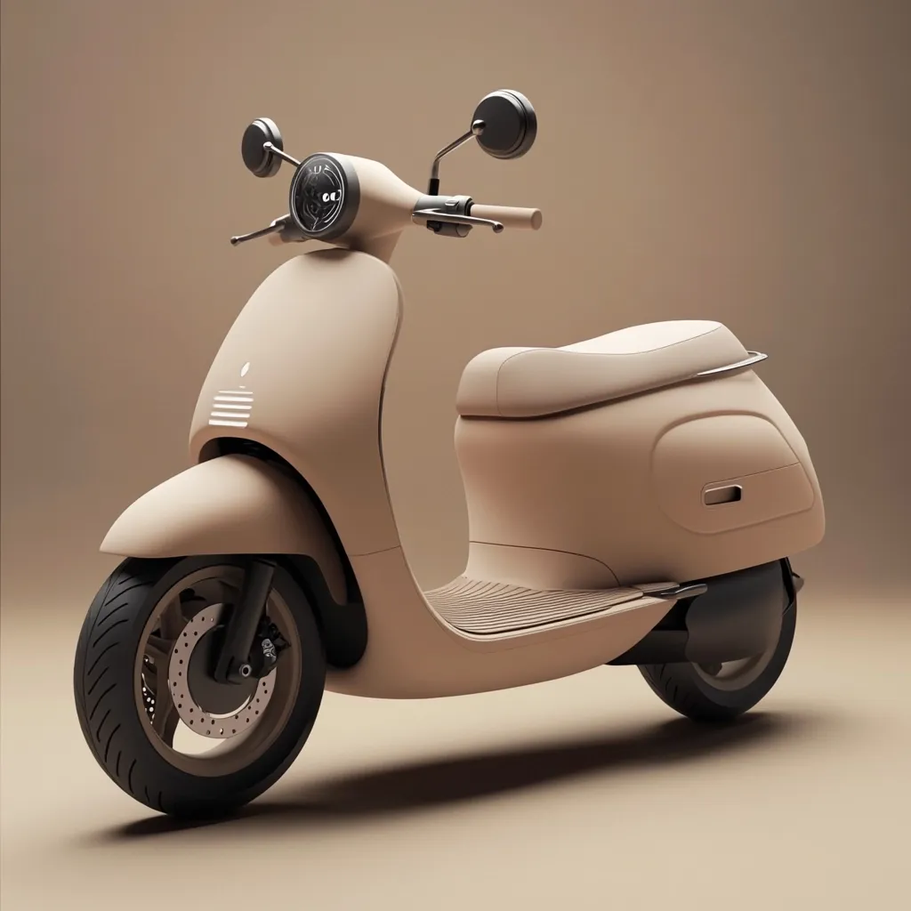 Here's a description of the image:

A beige, modern electric scooter is presented against a matching muted beige background.  The scooter has a minimalist design with smooth curves and a single seat.  Dark-colored accents are visible on the handlebars, mirrors, and wheels, which feature disc brakes. The scooter's body is uniformly colored, devoid of any patterns or logos.  The lighting is soft and even, emphasizing the scooter's sleek form.  The overall impression is one of clean, contemporary design and quiet elegance.