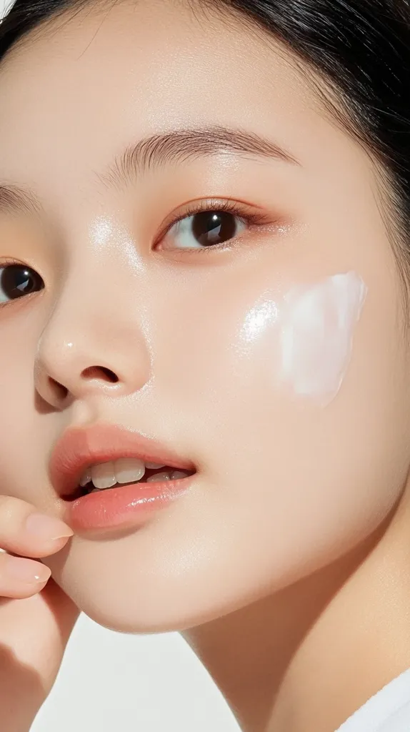 Close-up of a young woman's face, showcasing smooth, clear skin.  A white cream or lotion is applied to her cheekbone, highlighting its luminous texture.  Her dark hair is pulled back, emphasizing her delicate features:  large, dark eyes, full lips, and neatly shaped eyebrows. The overall impression is one of natural beauty and skincare.  She gently touches her cheek with one hand.