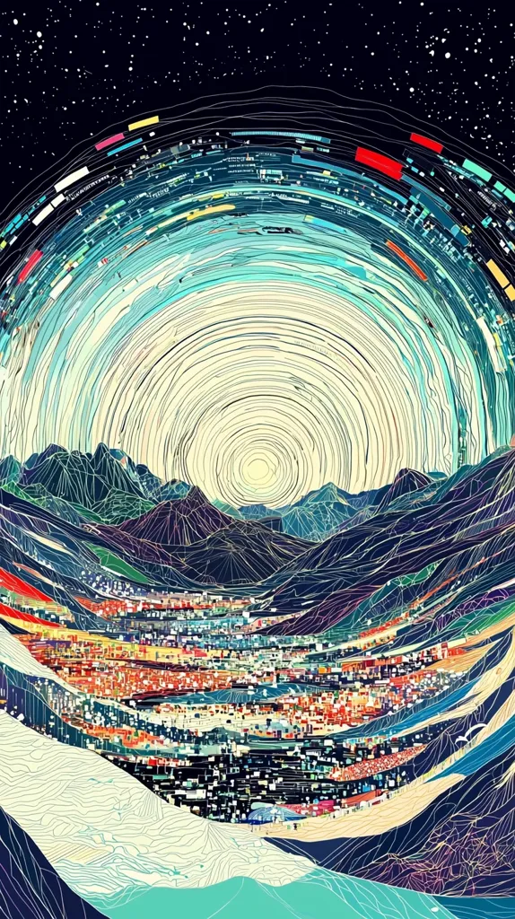 The artwork is a vibrant, stylized landscape viewed from above.  Concentric circles, reminiscent of a celestial body or vortex, dominate the upper portion against a star-dusted night sky.  Below, a city nestles within intricately detailed, colorful mountains, rendered in a line-art style that emphasizes texture and form.  The overall effect is a surreal blend of cosmic and terrestrial elements, creating a dreamlike or fantastical scene.  The color palette is rich and varied, with blues, greens, oranges, and yellows playing against a dark background.
