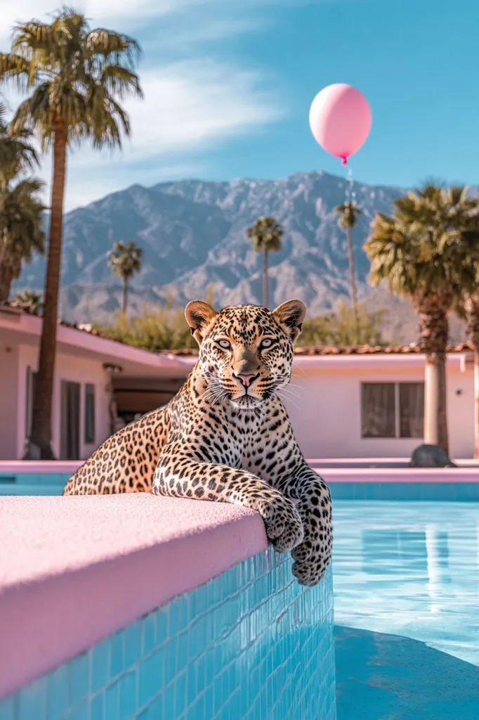 A majestic leopard rests on the edge of a pastel pink pool, its gaze fixed on the viewer.  Palm trees and a pink balloon frame a picturesque background of mountains under a clear blue sky. The scene is idyllic and surreal, blending wild animal beauty with a luxurious, almost dreamlike, mid-century modern aesthetic.  The contrast between the leopard's wildness and the pool's serenity creates a striking visual.