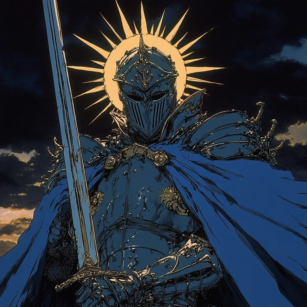 The illustration depicts a knight in dark, intricately detailed armor, standing against a dramatic night sky.  He holds a long sword, its blade extending beyond the frame. A flowing blue cape drapes over his shoulders.  A stylized sunburst halo radiates behind his helmet, lending a celestial or sacred quality to the figure. The artistic style suggests a blend of fantasy and medieval aesthetics, with strong lines and shading emphasizing texture and detail. The overall mood is one of power, solemnity, and otherworldly presence.